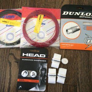2 Gutite Strings, 1 Gut, 2 Tennis Balls, 1 Djokovic Dampener, 4 Overgrips